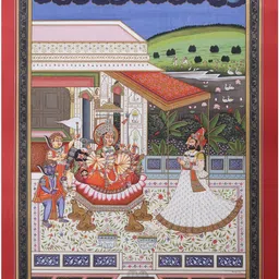 Exotic India Red & White Maharaja Mansingh Worshipping Devi Water Colour Wall Art-image-8