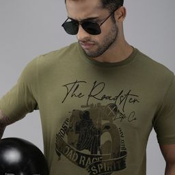 Roadster Men Olive Green & Black Biker Printed Pure Cotton T-shirt-image-43