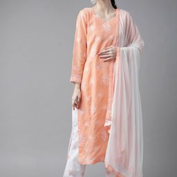ADA Peach-Coloured & White Embroidered Unstitched Dress Material-image-14