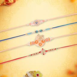 Yellow Bee Set Of 5 Evil Eye Thread Rakhis With Greeting Card & Roli Chawal Holder-image-98
