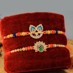 TIED RIBBONS Multicoloured Set of 2 Rakhis with Greeting Card & Roli Chawal Combo-24