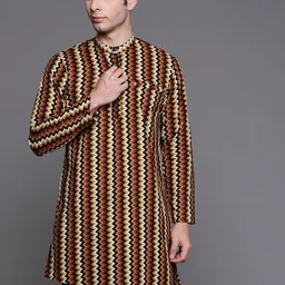 Indo Era Men Maroon & Black Geometric Printed Pure Cotton Kurta-picture-37