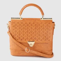 Leather Retail Tan Brown Structured Satchel Bag with Cut Work-5