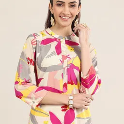 Libas Floral Printed Mandarin Collar Long Tunic With Trousers-49
