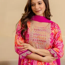 SANISA Bandhani Printed Sequinned Flared Kurta With Trousers & Dupatta-image-57