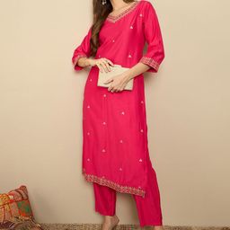 Indo Era Floral Embroidered Liva Straight Kurta With Trousers-picture-39
