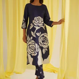 KALINI Floral Printed Round Neck Straight Kurta With Trousers-58