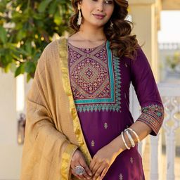 SANISA Floral Printed Round Neck Straight Kurta With Trousers & Dupatta-48