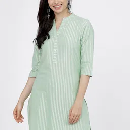 Vishudh Green Striped Mandarin Collar Pure Cotton Straight Kurta With Trousers-picture-33