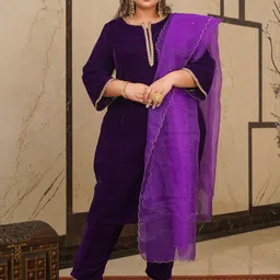 NANGALIA RUCHIRA Women Purple Pure Cotton Kurta with Trousers & Dupatta-image-41