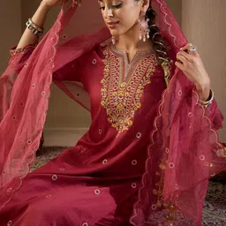 Indo Era Women Floral Embroidered Regular Kurta with Trousers & With Dupatta-image-26