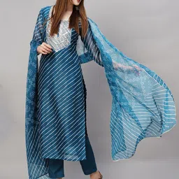 KALINI Women Leheriya Embroidered Regular Kurta with Trousers & With Dupatta-18
