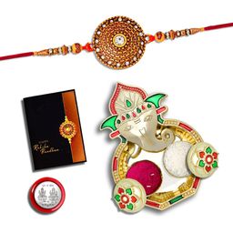 Rakhi Combo for Brother with Dish, Pooja Coin, Roli Chawal & Greeting Card-17