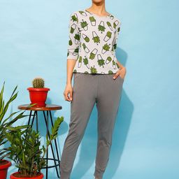 Clovia Women Pure Cotton Cactus Print Top & Chic Basic Joggers-image-78