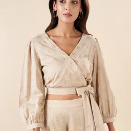 AKKRITI BY PANTALOONS Floral Printed Puff Sleeves Tie-Ups Wrap Crop Top-image-42
