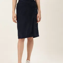 Off Label Women Navy Blue Corduroy Pure Cotton Straight Skirt-image-83
