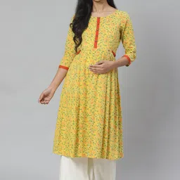 anayna Women Yellow & Green Printed Pure Cotton Feeding Maternity A-Line Kurta-picture-22