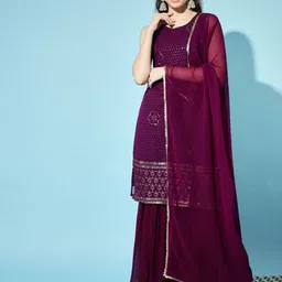 Shopping Queen Women Purple Floral Embroidered Sequinned Kurta with Sharara & Dupatta-picture-22