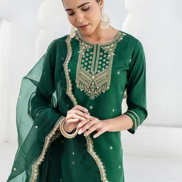 SANISA Women Ethnic Motifs Embroidered Regular Sequinned Pure Silk Kurta with Trousers & With Dupatta-16
