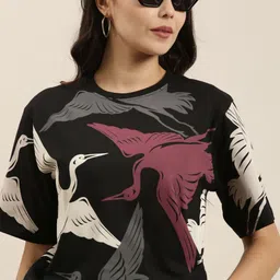 Difference of Opinion Women Black Conversational Printed Pure Cotton Oversized T-shirt-image-8