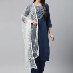 SheWill Women Navy Blue Ethnic Motifs Embroidered Mirror Work Kurta with Trousers & With Dupatta-image-24