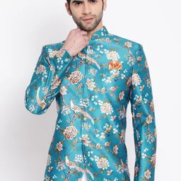 VASTRAMAY Men Turquoise Blue & Beige Printed Bandhgala Blazer-12