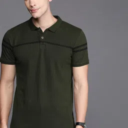 WROGN Men Olive Green Pure Cotton Slim Fit Solid Polo Collar Pure Cotton T-shirt with Striped Detail-image-57