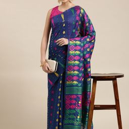 KALINI Navy Blue & Pink Ethnic Motifs Silk Cotton Jamdani Saree-image-45