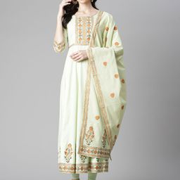 Poshak Hub Women Sea Green Ethnic Motifs Yoke Design Regular Pure Cotton Kurta with Churidar & With Dupatta-picture-49