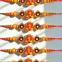 ADIVA Set Of 6 Artificial Stones Studded & Beaded Ganesha Thread Rakhis With Roli Chawal-image-65