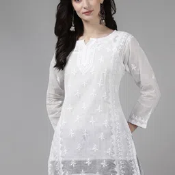 ADA White Ethnic Motifs Embroidered Boat Neck Chikankari Kota Kurti with a Matching Slip-image-55