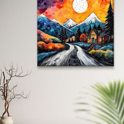 Myntra Elegant Homes Orange Colored & Black Moon Mountains Printed Canvas Wall Art-image-2