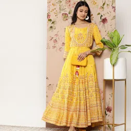 Juniper Women Ethnic Motifs Printed Tie-Ups Fit & Flare Maxi Dress-image-86