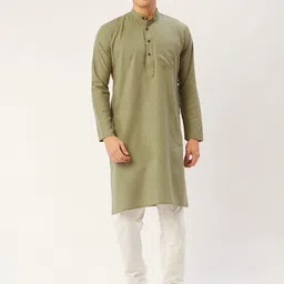 Jompers Men Pista Green Solid Regular Pure Cotton Pocket Kurta with Churidar-image-90