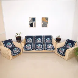 Aura Blue & Brown 6 Pieces Floral Printed 5 Seater Sofa Covers-image-40
