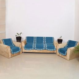 Aura Blue & White 6 Pieces Floral Printed 5 Seater Sofa Covers-image-91