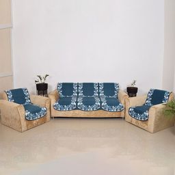 Aura Blue & White 6 Pieces Floral Printed 5 Seater Sofa Covers-image-90