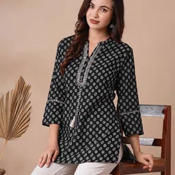 INDYES Ethnic Motifs Printed Mirror Work Mandarin Collar Pure Cotton Kurti-picture-26