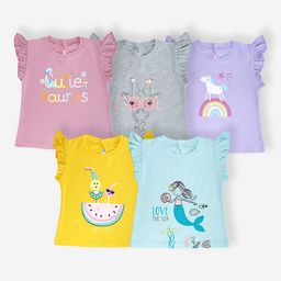 YUV Girls Pack Of 5 Graphic Printed Round Neck Cotton T-shirts-image-28