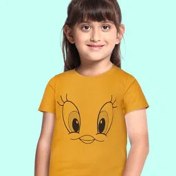 BRATMA Kids Mustard Yellow & Black Tweety Print Cotton T-shirt-image-63