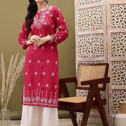 ADA Ethnic Motifs Embroidered Lucknowi Chikankari Cotton Kurta-image-30