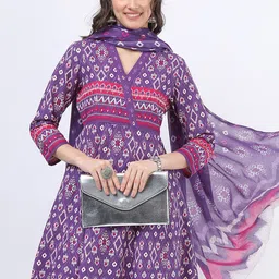 Vishudh Purple & Pink Ethnic Printed Pure Cotton A Line Kurta & Palazzos With Dupatta-image-30