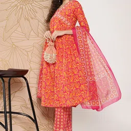 Yufta Women Floral Printed Regular Sequinned Pure Cotton Kurta with Trousers & Dupatta-17