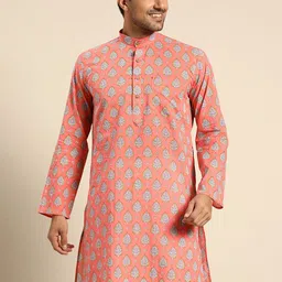 RAJUBHAI HARGOVINDAS Men Coral & Blue Ethnic Motifs Printed Handloom Kurta-30