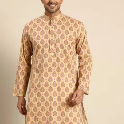 RAJUBHAI HARGOVINDAS Men Beige & Red Ethnic Motifs Printed Cotton Handloom Kurta-11