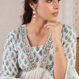 Indo Era Floral Printed V Neck Empire A Line Pure Cotton Kurta With Trousers & Dupatta-19