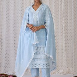 Indo Era Blue Floral Embroidered Thread Work Pure Cotton Kurta With Trousers & Dupatta-picture-34