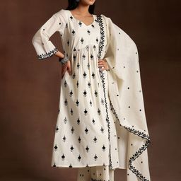 Libas Floral Embroidered Pleated Thread Work Pure Cotton Kurta With Trousers & Dupatta-image-67