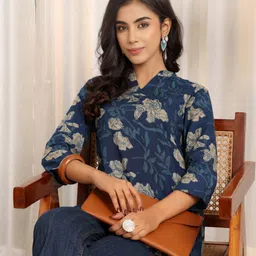 Varanga Women Floral Printed Mandarin Collar Pure Cotton Kurti-image-90