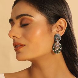 Yinara Silver-Plated Cubic Zirconia Oxidised Contemporary Drop Earrings-image-4